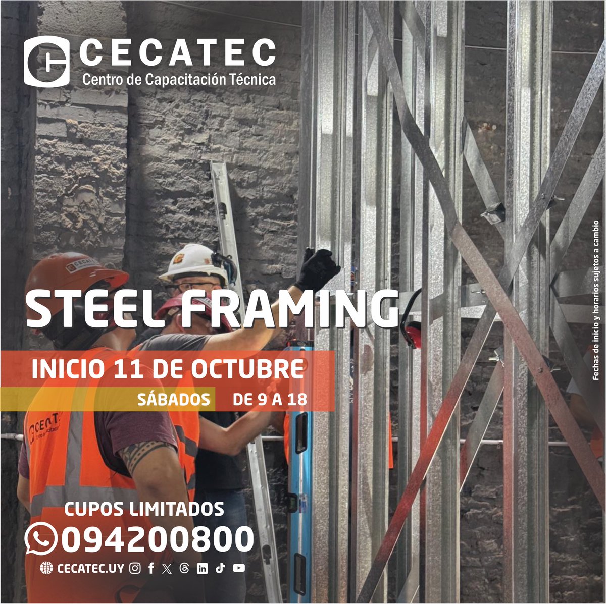 El 11 de octubre comienza el curso de STEEL FRAMING en Montevideo.

Horario sábados: de 9 a 18 h. (5 clases, 1 mes y 1 semana)

Sistema de construcción en seco: liviano, preciso y con alta demanda laboral.

Clases teórico-prácticas: aprendé los fundamentos y aplicalos en obra
