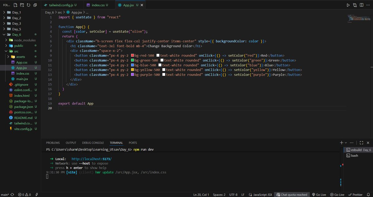 Sanjogshar49's tweet photo. ๐Day_6 of #LearningUtsav2025
After learning React basics, today I felt confident enough to build my first mini project ๐
๐จ A Background Changer โ click a color button and watch the background change instantly! โก
#LUD6 #ReactJS #30DaysOfLearning #FestivalOfLearning https://t.co/PX5zVxMtVS