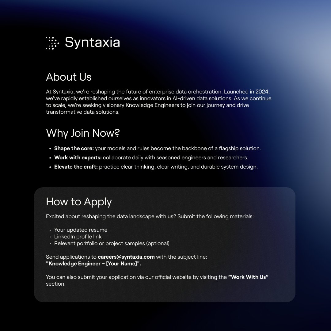 Syntaxia_'s tweet image. We’re hiring a #SeniorKnowledgeEngineer (Remote).

Work with us on building the semantic backbone of a knowledge-graph powered system.

If you like turning complex ideas into clear models, this might be your next step.

Apply: sntx.ai/4hKcLKg