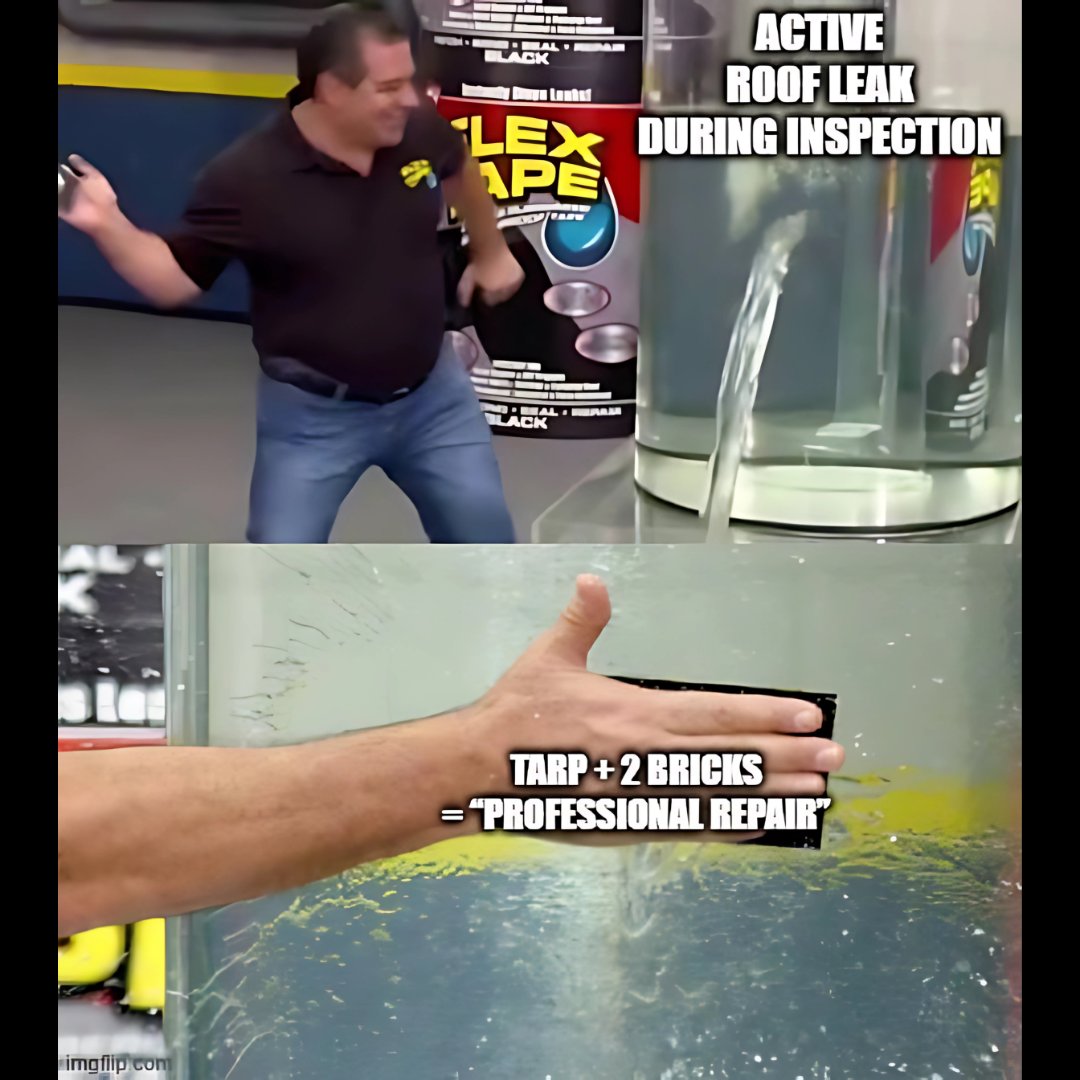 AclHomeTally's tweet image. Seller logic: roof leak? Easy fix… throw on a tarp and some bricks 🤡💦
#DIYFails #InspectorHumor #RoofProblem