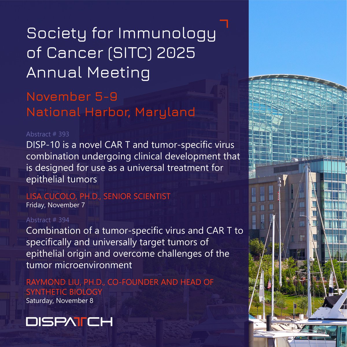 Today, we announced two upcoming presentations at #SITC25. We look forward to engaging with the immuno-oncology community &amp; to providing more detail on our scientific approach. Learn more: dispatchbio.com/news/dispatch-…