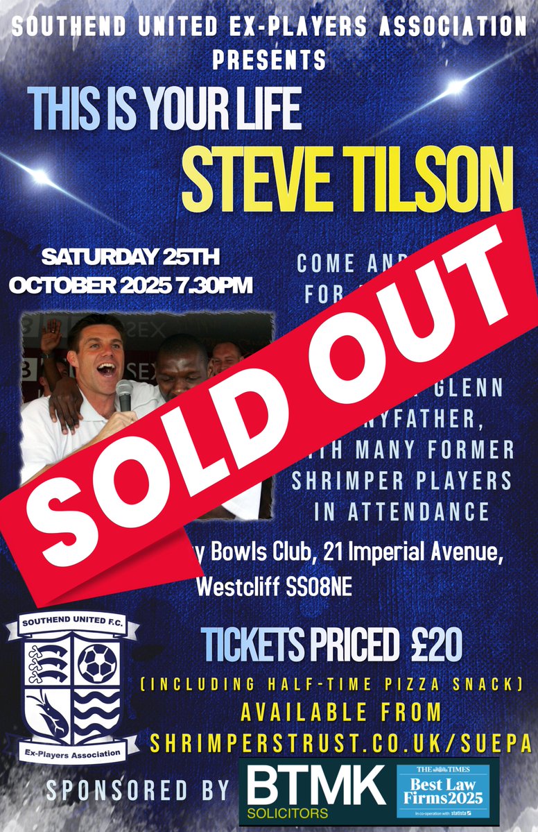 Southend United Ex-Players Association (@suepassoc) on Twitter photo We are pleased to announce that yet another SUEPA event has sold out, it's going to be a cracker! Experience tells though that a handful of tickets may still become available, so if you would like to be put on a reserve list please email Andy at suepassoc@gmail.com We are pleased to announce that yet another SUEPA event has sold out, it's going to be a cracker! Experience tells though that a handful of tickets may still become available, so if you would like to be put on a reserve list please email Andy at suepassoc@gmail.com