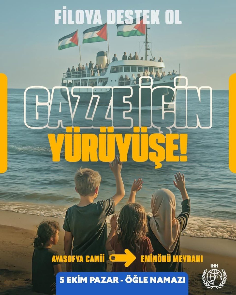 HarunKaraca1's tweet photo. Filoya Destek Ol

İnsanlık dışı ablukayı kırmak için Gazze'ye giden gemilere destek için yürüyoruz. Tüm vicdanlı yürekli destek olmaya davet ediyoruz.  

📍Başlangıç: Ayasofya Camii 
📍Varış: Eminönü Meydanı  

📅 5 Ekim Pazar
🕐 Öğle Namazı https://t.co/vQ5xUXjVHz
