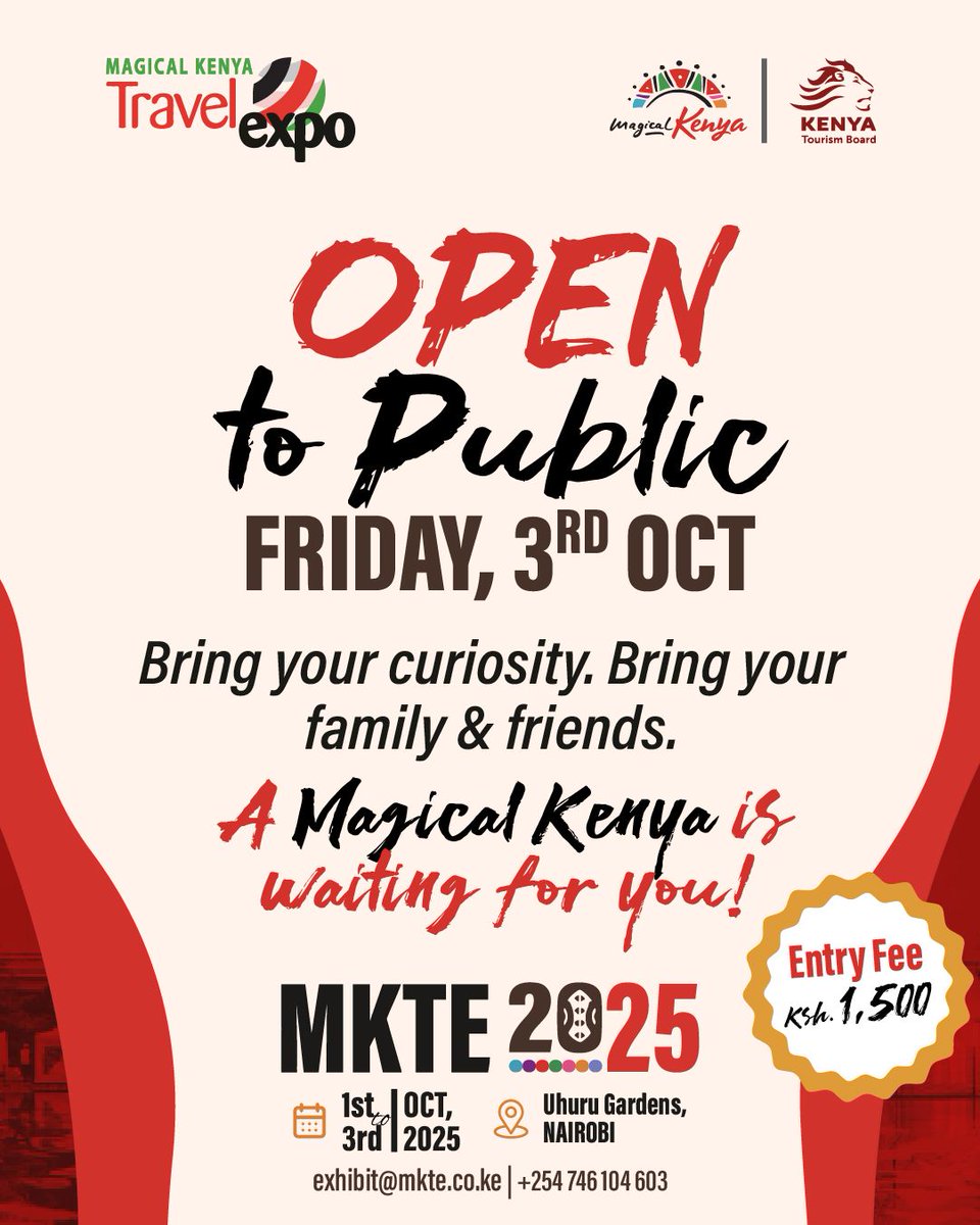 Unlock Kenya's soul TONIGHT at Magical Kenya Travel Expo! Open to the public 3rd Oct, Uhuru Gardens. Friends, food, and future trips – all for KSh 1,500. A magical adventure awaits... will you answer?DM for deets or hit +254 74610403! #SustainableMKTE
MKTE Finale2025