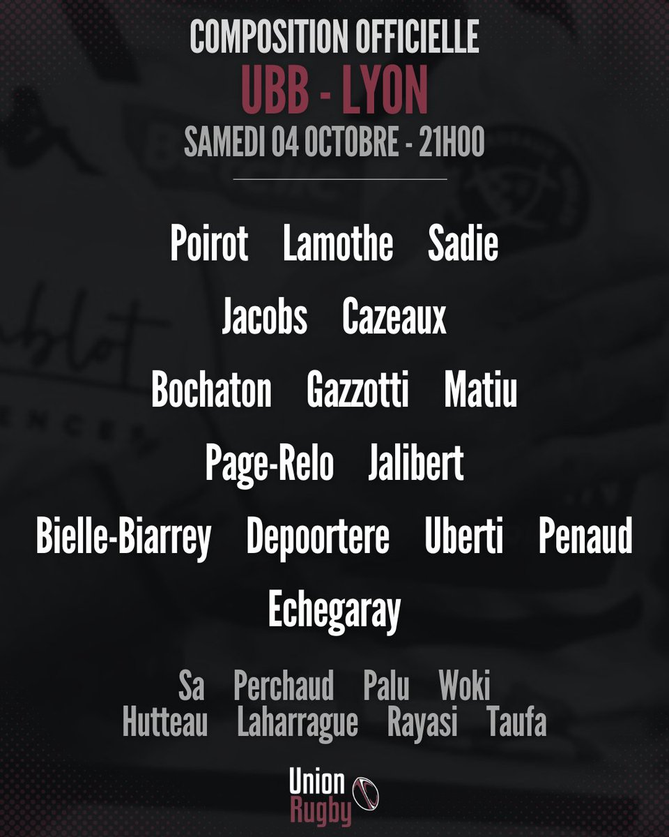 UBB ALLEZ ALLEZ 🍇
La composition officielle de l'<a href="/UBBrugby/">Union Bordeaux Bègles</a> pour le match face au @lelourugby ⬇️
#iloveubb #UBBLOU
