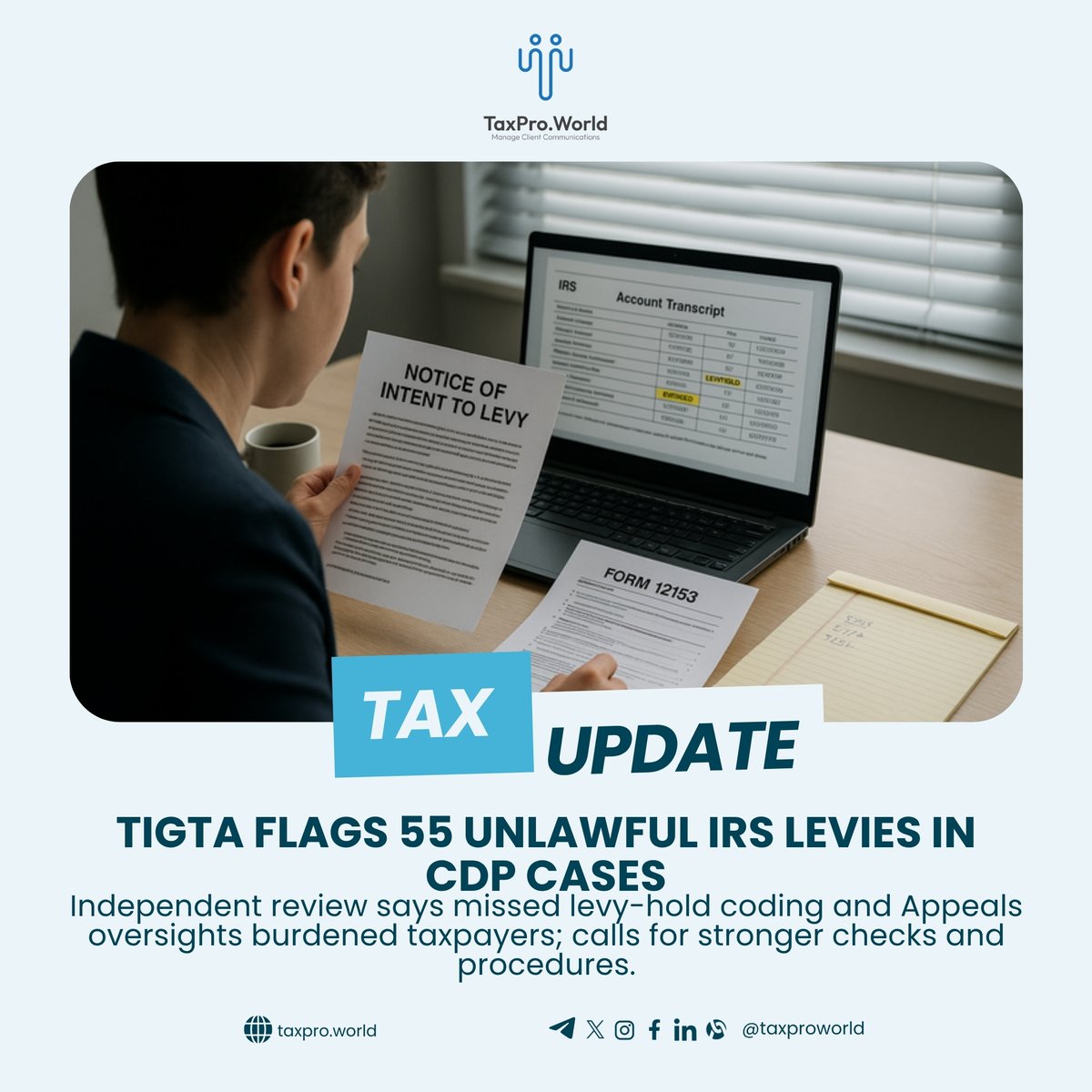 TaxproWorld's tweet photo. CDP flagged ⚖️
55 unlawful levies. Appeals missed.

- ✅ Verify
- 🛑 Refund
- 📝 12153—30d

📬 Subscribe to our newsletter for daily tax updates: https://t.co/DBxFCqySxS 

MinutesCrypto: sync wallets, upload data, CPA-ready reports. Start now: https://t.co/kt7F8dT23t  #IRS https://t.co/ebmW3ReoDP