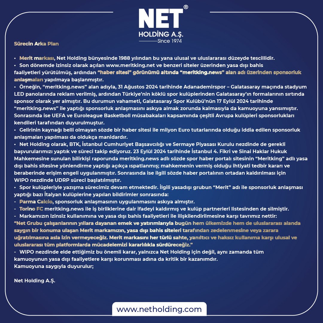 Artık, meritking.news, meritroyal.bet ve meritbet.com web siteleri şirketimizin markasını korumak için yürüttüğü hukuk mücadelesi ile ilgili elde ettiği sonuçları paylaştığı haber siteleridir. Marka koruma mücadelemizi yakından takip edebilirsiniz.