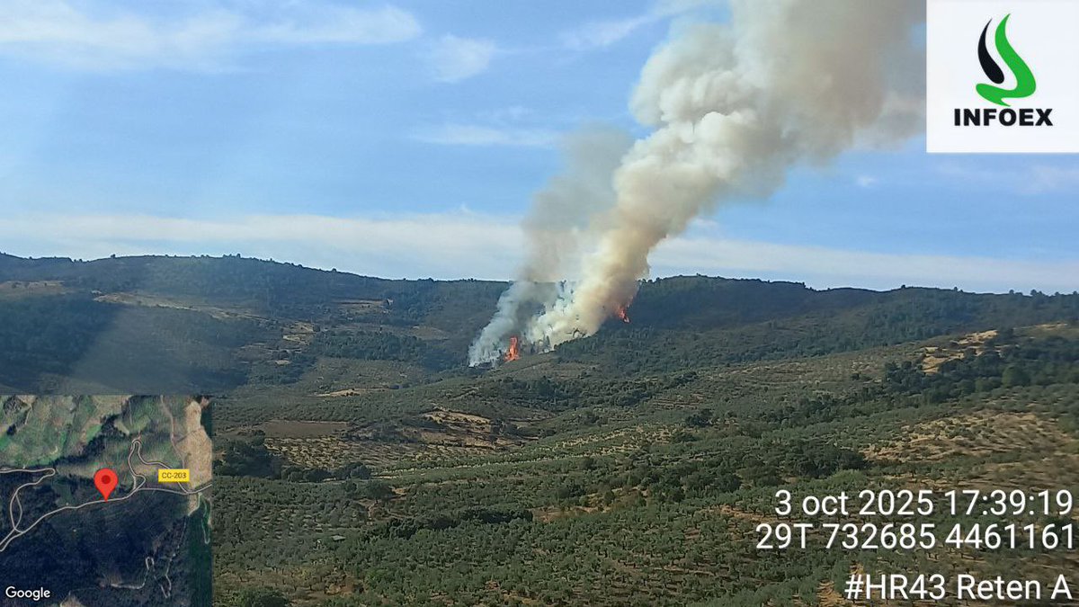 Medios del <a href="/PLANINFOEX/">INFOEX</a> trabajan en un incendio forestal en Marchagaz. 
👨‍🚒 2 unidades de bomberos forestales terrestres y 2 aéreas (participa <a href="/mitecogob/">Transición Ecológica y Reto Demográfico</a>)
🚁 2
🛩️ 1
👮🏻‍♀️ 2 agentes del Medio Natural
👩‍🔧 1 técnico de extinción
👉 Total intervinientes 36
👉 Superficie afectada: pinar