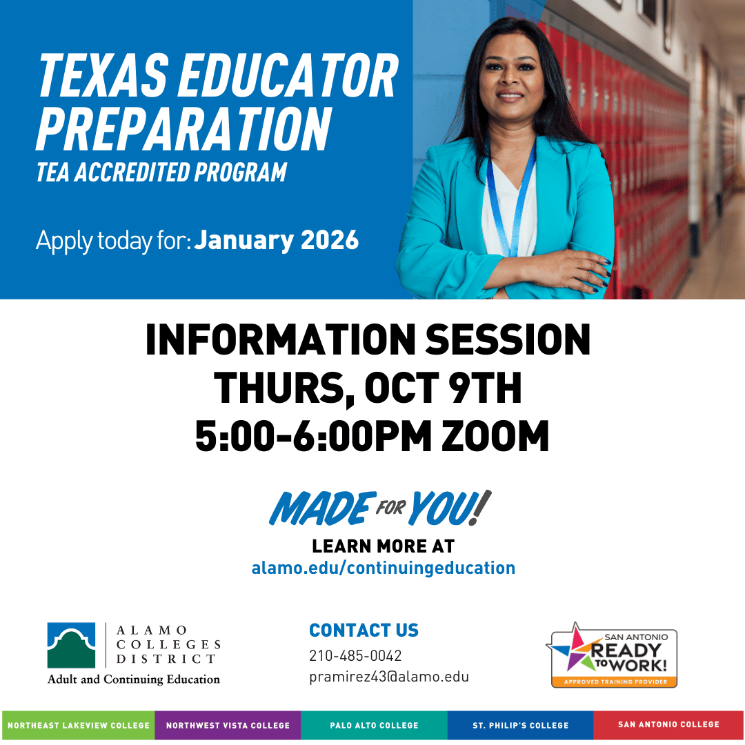 The Alamo Colleges Educator Preparation Program (ACEPP) is designed to offer individuals who hold a bachelor's degree a route to obtaining teacher certification. ACEPP is approved by the State Board for Educator Certification (SBEC) and is ACCREDITED
ow.ly/U7c250X1HqT