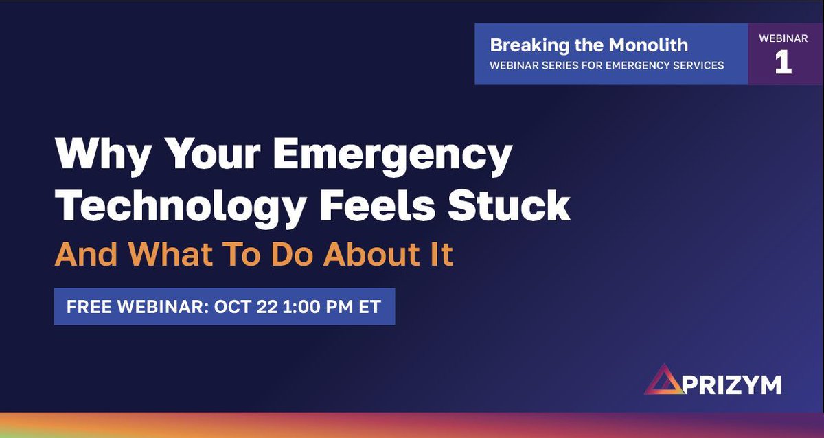 Your tech isn’t “broken.” It’s boxed in. On Oct 22 @ 1pm ET, Exacom, Smart Response Technologies, and Convey911 kick off Breaking the Monolith: Six-Part Webinar Series for Emergency Services

Register Today: prizym.co/events/prizym-… 

#NG911 #PublicSafety