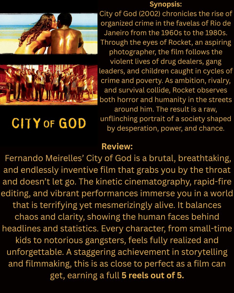🌎 Foreign Fridays 🌎
This week’s spotlight: City of God (2002) 🎥 

One city. Countless lives. A story of survival, crime, and ambition.

Check out our full review below ⬇️