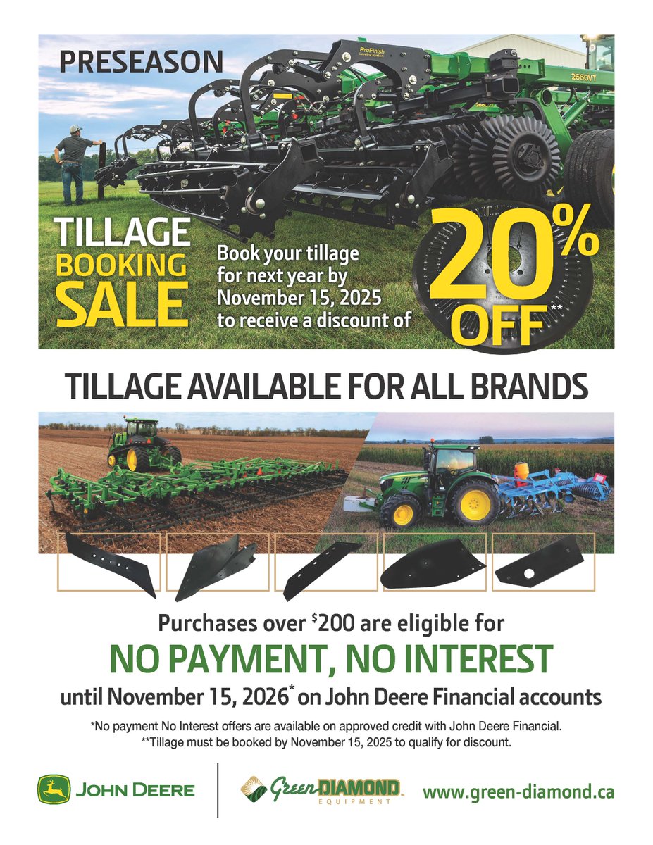 🚜 Preseason Tillage Booking Sale! 🌱
Book your tillage service by November 15, 2025 and save 20% on next year’s prep!
💰 Plus, purchases over $200 qualify for No Payments, No Interest (NPNI) until November 15, 2026.
📞 Contact our Parts Department today for details!