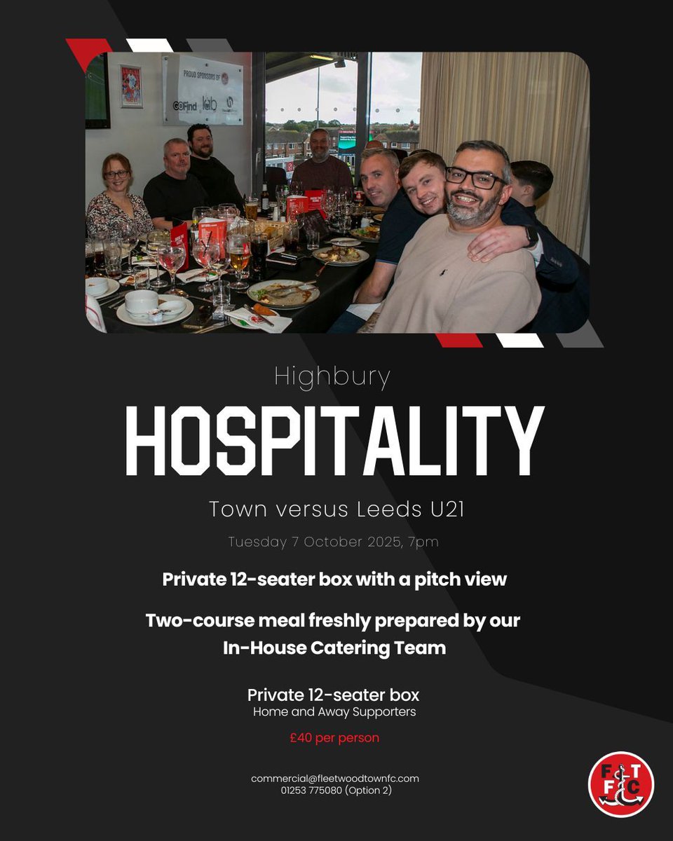 👑 ✨ The Ultimate Matchday Upgrade: Private Box Hospitality at Highbury! ✨ 🍽

Make your night truly unforgettable by securing a Private 12-Seater Box as Fleetwood Town FC host Leeds United U21s taking place on Tuesday 7th October! This premium package is designed for an