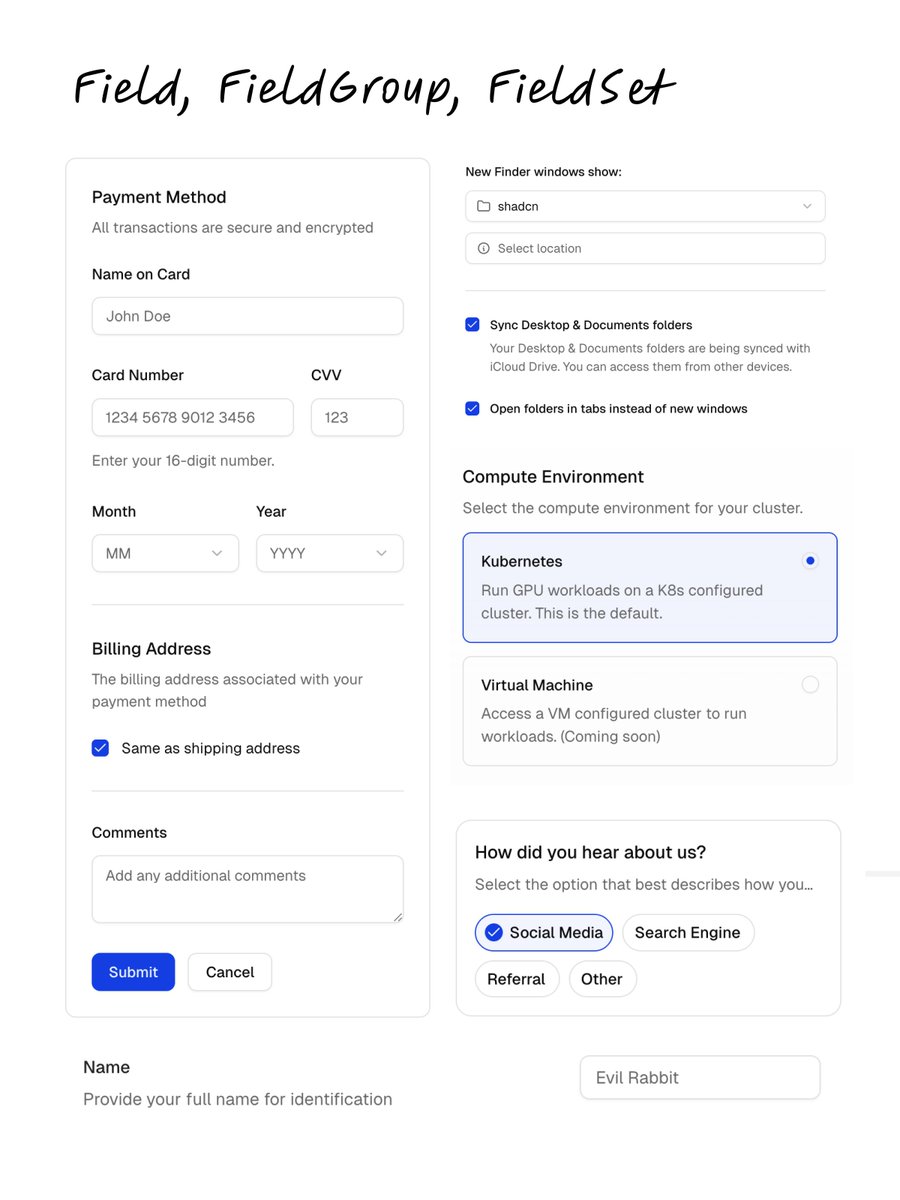 shadcn's tweet image. Introducing Field, a component for building really complex forms.
It took me a long time to get it right but I made it work with all your form libraries: Server Actions, React Hook Form, TanStack Form…
And it makes it super easy to build styled checkboxes and radios.