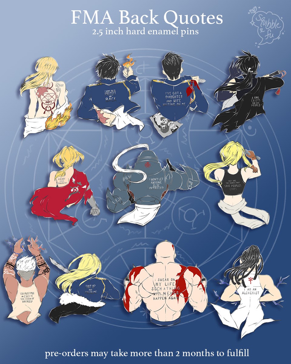 squibblefu's tweet image. PO FMA Back Quotes - Seven Deadly Sins + Restocks ♥️
-
HAPPY FMA DAY! ✨Completing the series with all the sins, and a SPECIAL "Father" Homunculus pin-on-pin 😌
-
Set price only during PO, Father LE to PO amt!
-
RTs appreciated! 🙏
-
#FMADay #fma #FMAB #FullmetalAlchemist