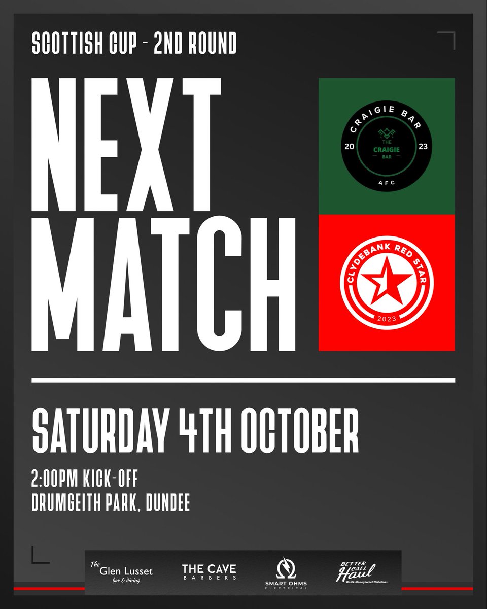 NEXT MATCH ⚽️

Red Star are on the road tomorrow as we travel to Dundee to face Craigie Bar AFC in the Scottish Cup.

Spaces still available on the bus so drop us a message if you fancy it 🚎

🔴⚫️

<a href="/GlasCollegesFA/">Glasgow Colleges FA</a> 
<a href="/ftsc0res/">fulltimesc0res</a> 
<a href="/scottish_aff/">AmateurFixturesResultsSCO</a>