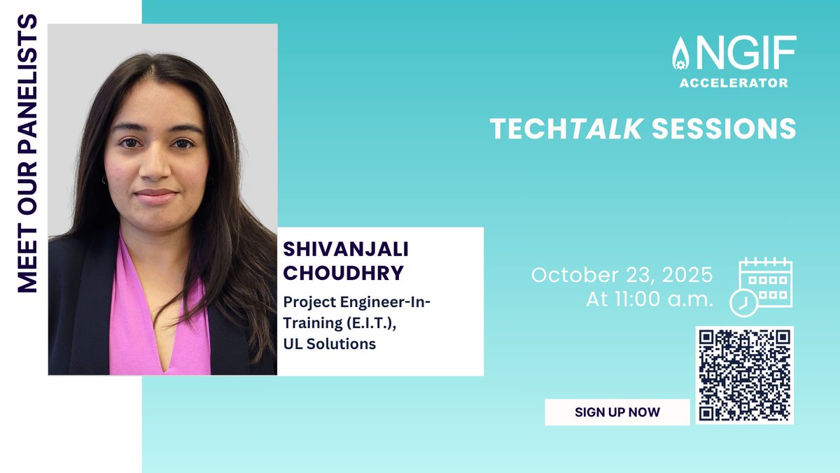 NGIFCapital's tweet image. 🎤Meet our Panelist for the #NGIFAccelerator&apos;s ‘TECHTALK SESSIONS&apos;: Shivanjali Choudhry
Project Engineer-In-Training (E.I.T.), UL Solutions

📅 Day: October 23, 2025 
⏲️Time: 11:00 a.m. (MT)
Register today: events.teams.microsoft.com/event/364cd0cd…