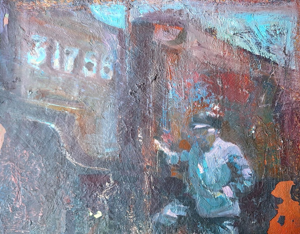 My Grandad who retired when steam trains did. Memory black and white photo deep dive. #oilpainting #figures #steamengine #steamtrain