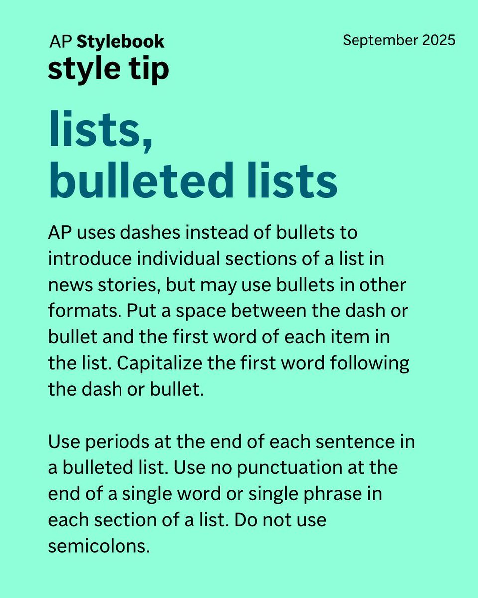 APStylebook's tweet image. We updated our guidance on bulleted lists in 2024, and now AP style calls for no punctuation at the end of a single word or single phrase in each section of a list.