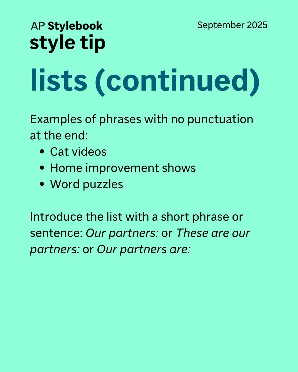 APStylebook's tweet image. We updated our guidance on bulleted lists in 2024, and now AP style calls for no punctuation at the end of a single word or single phrase in each section of a list.
