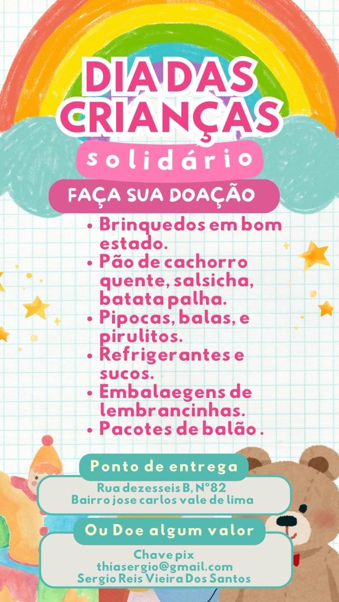 Festa das crianças dia 12 de outubro voluntária galera dar uma ajuda fazendo grande favor ,🙏🕊️💎🐆Deus abençoe grandemente todos