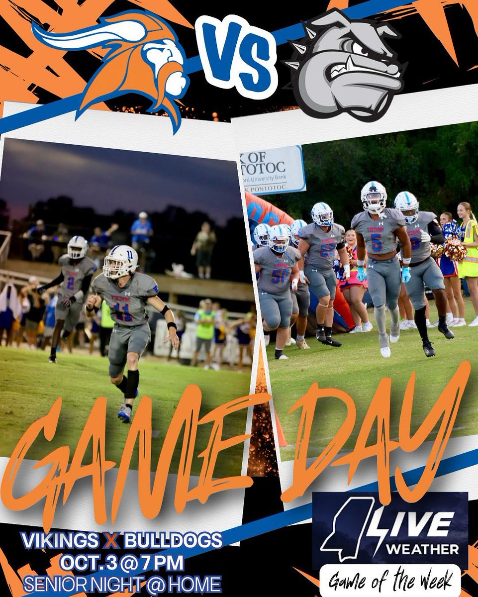 It’s time! Senior night tonight PLUS Matt Laubhan and Mississippi Live Weather’s Game of the Week! Come out and support your Vikings! It’s a beautiful day to beat the bulldogs!

Senior Night @ 6:15
Kickoff @ 7:00

#rowthatvikingship
#GoNorth
#fn5gl
#sweepstakes