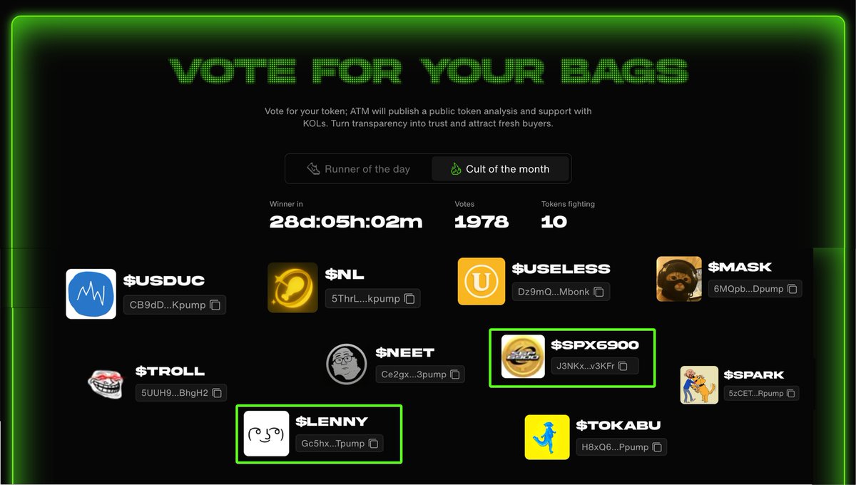 1978 VOTES IN

#SPX6900 and $LENNY just joined the vote

Hunger games heating up

Vote here - atm.day/vote?type=month