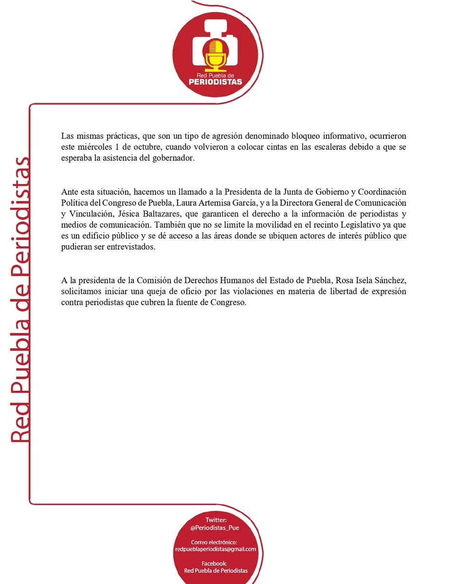 Desde esta red condenamos el bloqueo informativo del que han sido objeto reporteras y reporteros que cubren el <a href="/CongresoPue/">H. Congreso de Puebla</a>, ya que en al menos dos ocasiones esta semana se les impidió el paso para entrevistar a <a href="/armentapuebla_/">Alejandro Armenta</a>.