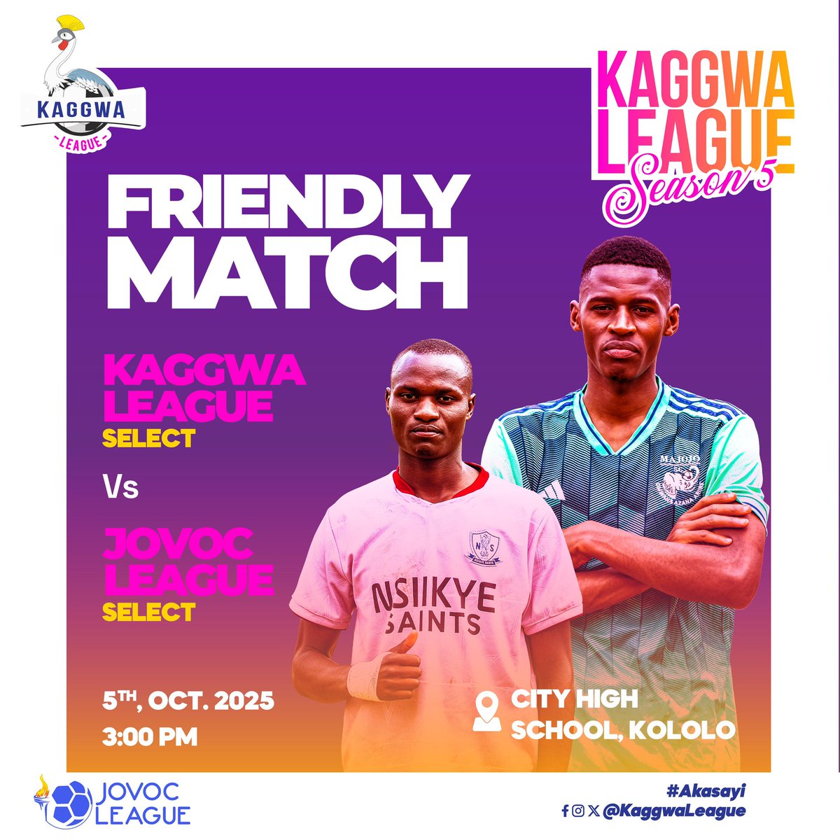 ⚽️|| Matchday 3 friendly match!

We host our brothers from <a href="/TheJovocLeague/">THE JOVOC LEAGUE</a> this Sunday 🔥

📍 || City High School,Kololo

#KaggwaLeagueSN5
#Akasayi