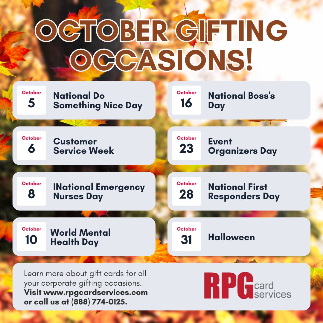 🎁 October Gifting Made Easy! 🍂

From Customer Appreciation Day to Boss's Day, October is packed with opportunities to strengthen professional relationships through thoughtful gifts. bit.ly/46wJP5P

#OctoberGifting #CorporateGifts #B2BMarketing #RPGCardServices