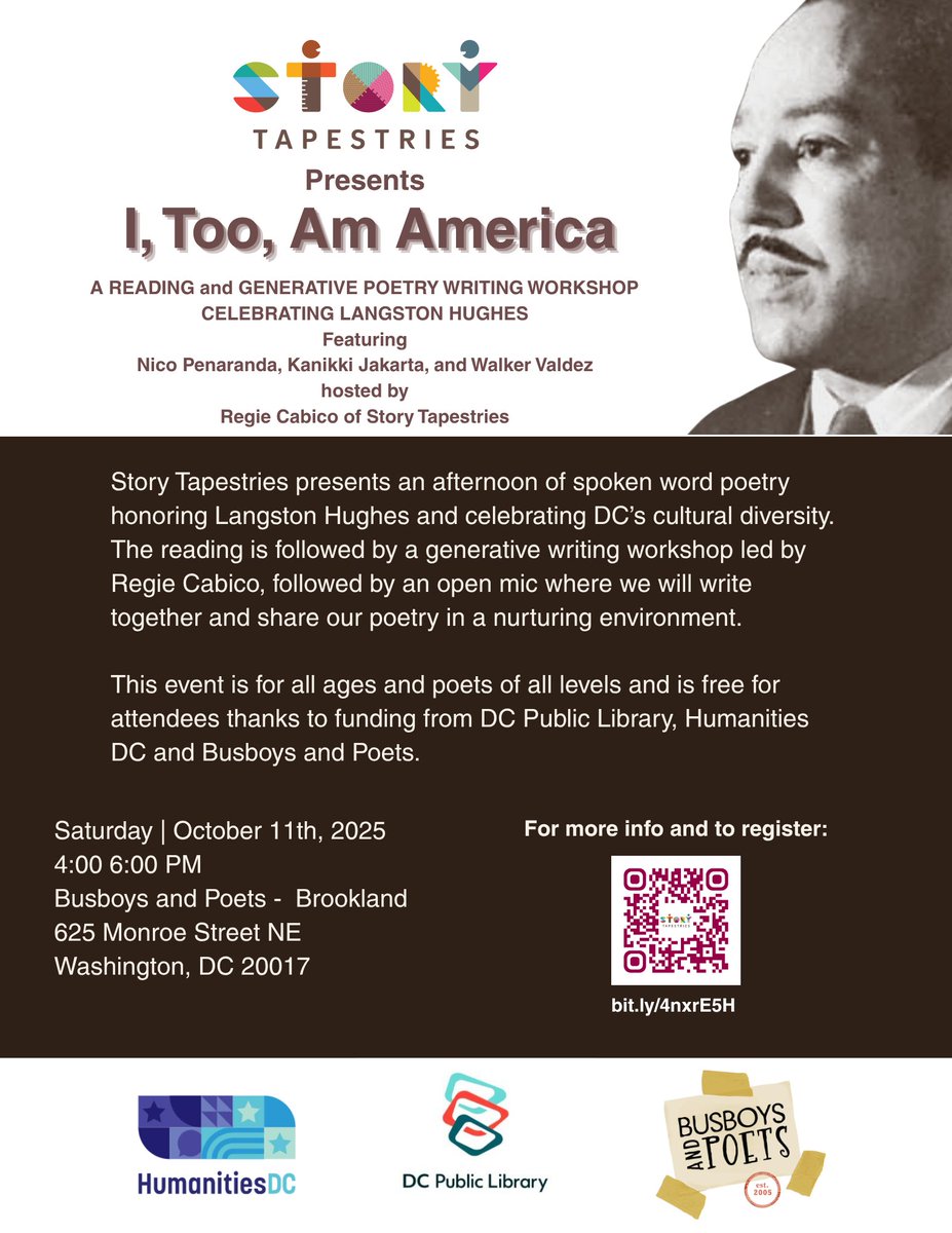 Story Tapestries presents A Reading &amp; Generative Poetry Writing Workshop Celebrating Langston Hughes.
📅 Saturday, Oct 11 | 4–6 PM
📍 Busboys and Poets – Brookland (625 Monroe St NE, DC)
🎟 Register here: bit.ly/4nxrE5H