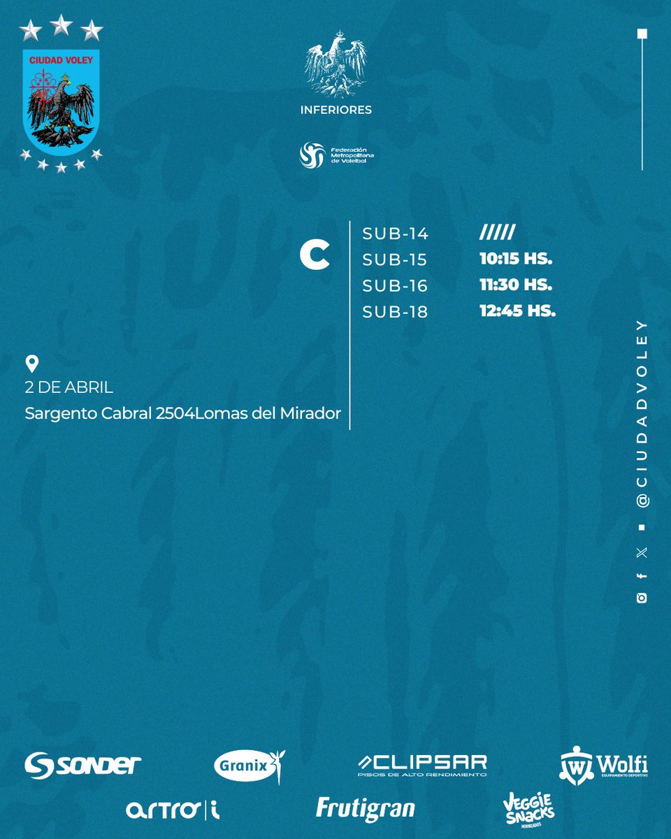 #Inferiores | Fecha 18 ⚡️

Este fin de semana nuestras tiras A, B y C disputarán una nueva jornada del Torneo Metropolitano 🏐💙

👉🏻Recordá que las categorías Sub 11 a Sub 16 de las tiras A y B adelantaron su fecha la semana pasada.

#VamosCiudad