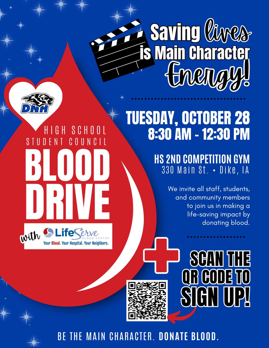 Be the main character—donate blood at DNH High School’s fall drive with LifeServe! ❤️

➡️ Tuesday, Oct. 28, 8:30am to 12:30pm
➡️ 2nd Competition Gym
➡️ Sign up: donor.lifeservebloodcenter.org/donor/schedule… 

#rollblue #BeTheReason