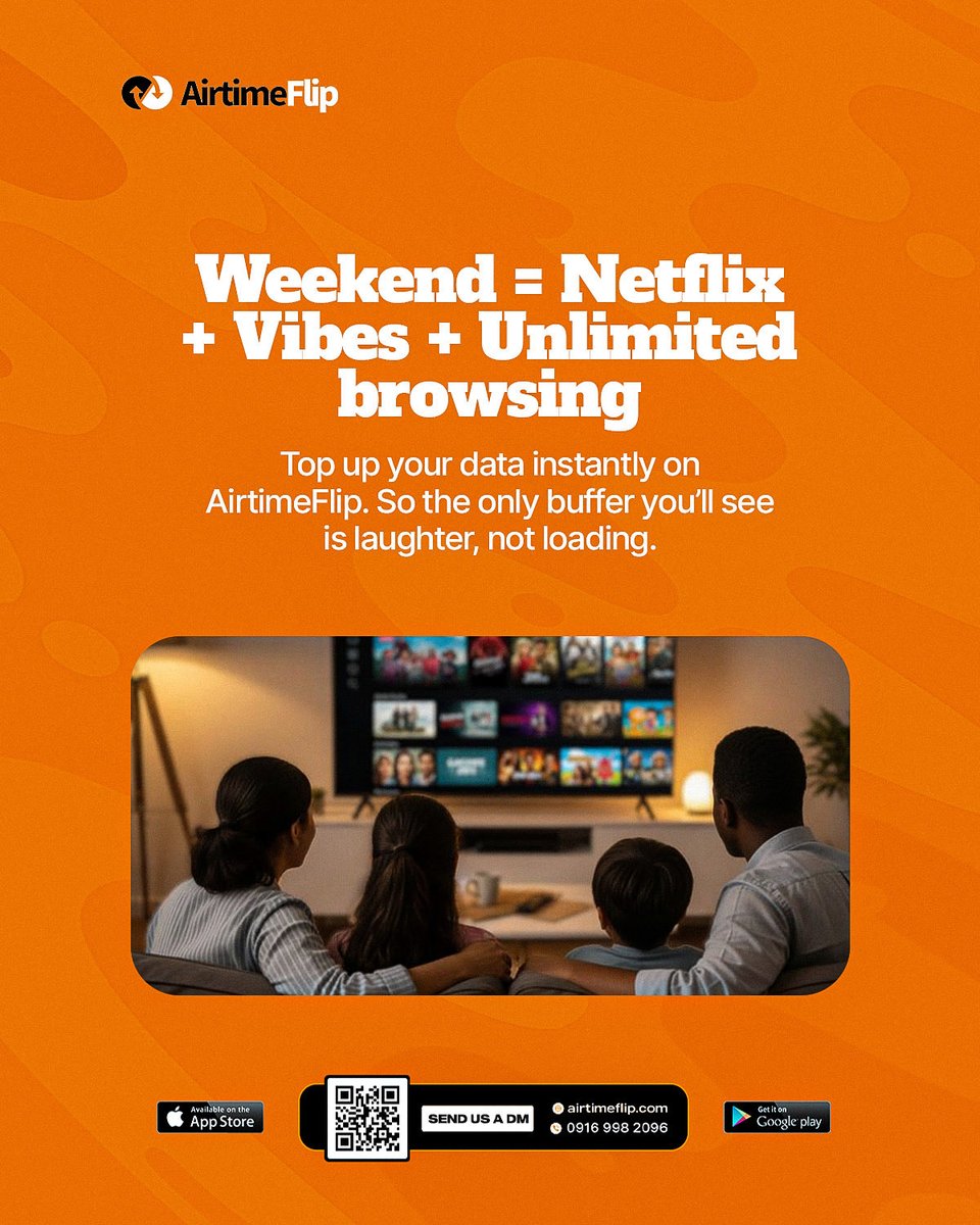 airtimeflip's tweet image. ✨ Weekend vibes unlocked!
Netflix + Vibes + Unlimited browsing = Pure happiness 🎉

Top up your data instantly with AirtimeFlip and keep the fun going — no loading, just streaming. 🍿💻

Start here 👉 airtimeflip.com

#AirtimeFlip #DataTopUp #WeekendVibes
