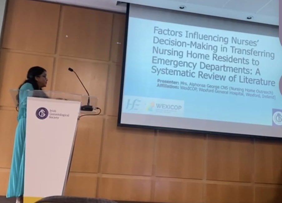 HSEWexOlderPers's tweet photo. Our CNS Alphonsa George @alophonsa13 did a great job presenting her research today at #IGS. She works collaboratively between WEXICOP and @WexGenHosp supporting local nursing homes. @irishgerontsoc #admissionavoidance https://t.co/1PIVyko0DJ