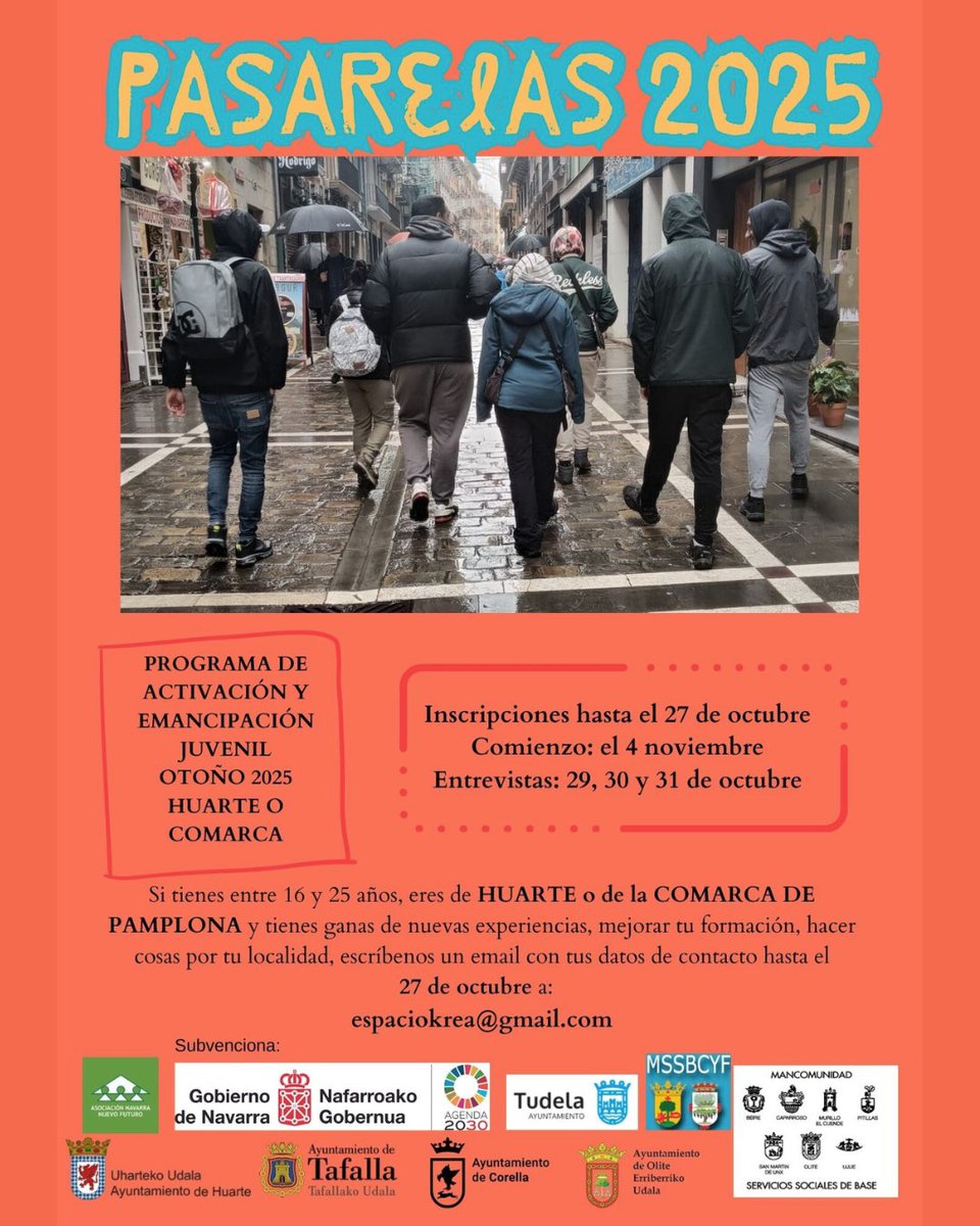 PASARELAK-UDAZKENA 2025
Gazteentzako aktibazio eta emantzipazio programa. Info+: huarte.es/eu/gazteria/pa…
PASARELAS-OTOÑO 2025
Programa de activación y emancipación para jóvenes. +info: huarte.es/juventud/pasar…
