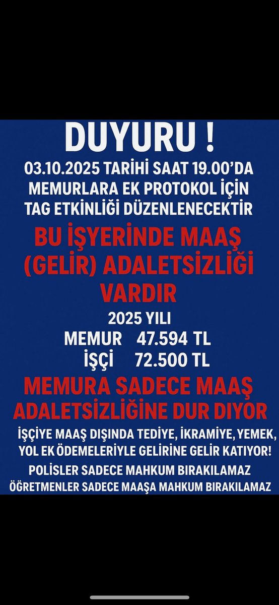 Memur maaşı 50 bin lira ama çocuk üniversiteye gidince masraf 20 bini geçiyor. Kira, fatura, mutfak derken ay ortası gelmeden maaş tükeniyor. İşçiye 72 bin verip memuru yok saymak adalet değildir. #MemurMecliseSesleniyor Ek Zam Zorunludur
