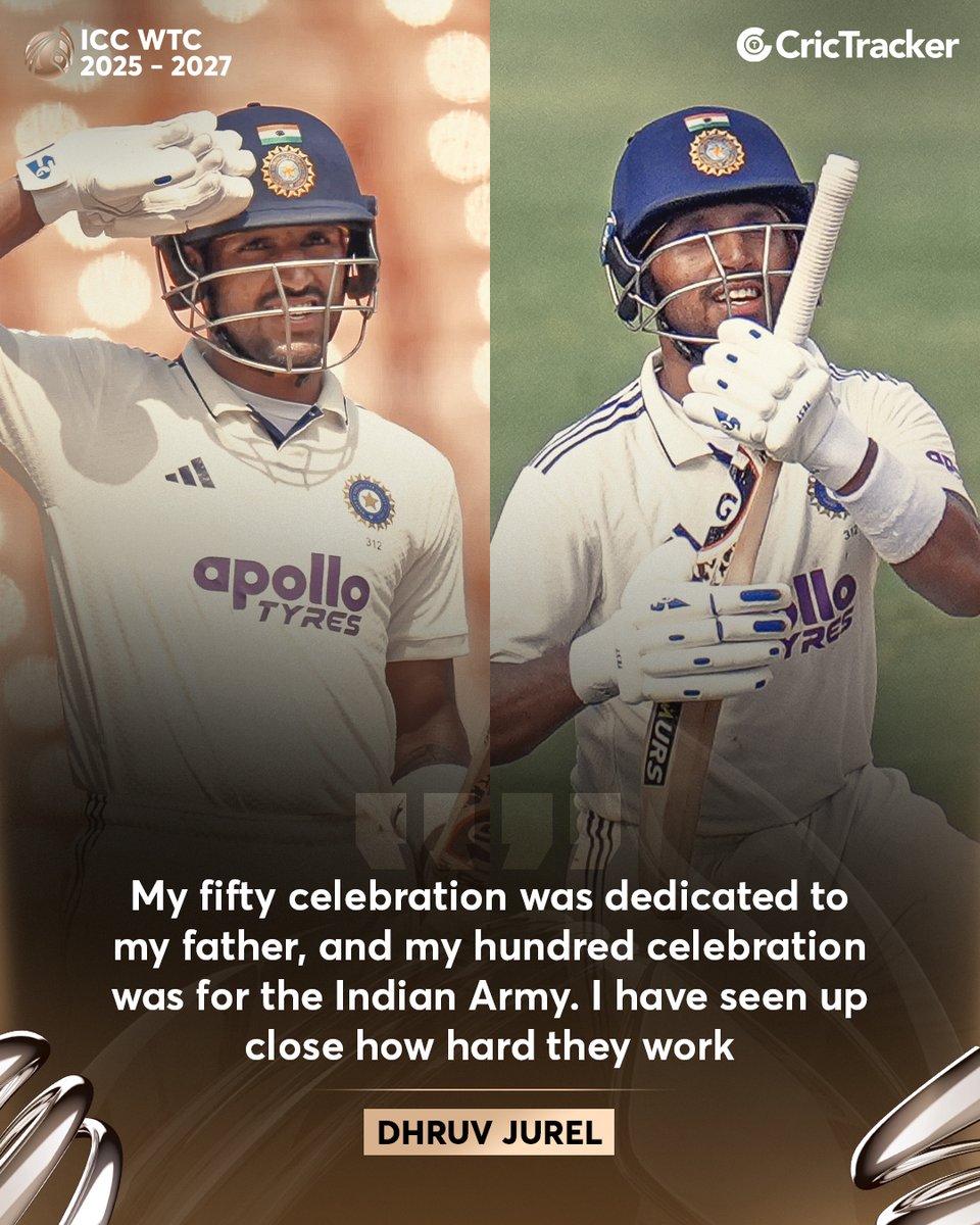Cricketracker's tweet image. Dhruv Jurel on his celebration in the first Test against the West Indies.

#WIvIND | #TeamIndia