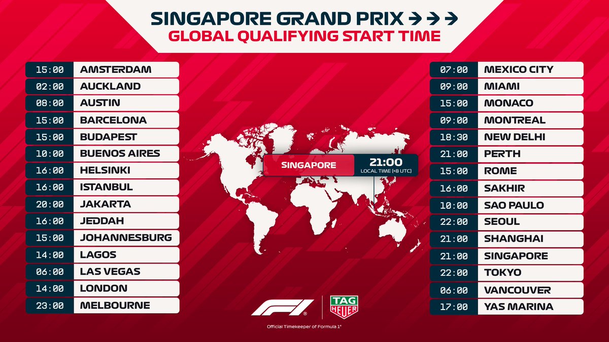 F1's tweet photo. Where in the 🌏 will you be watching from? 💪

Here are the start times for Qualifying for wherever you are, presented by @TAGHeuer ⏱️

#F1 #SingaporeGP https://t.co/k46ItGsACs