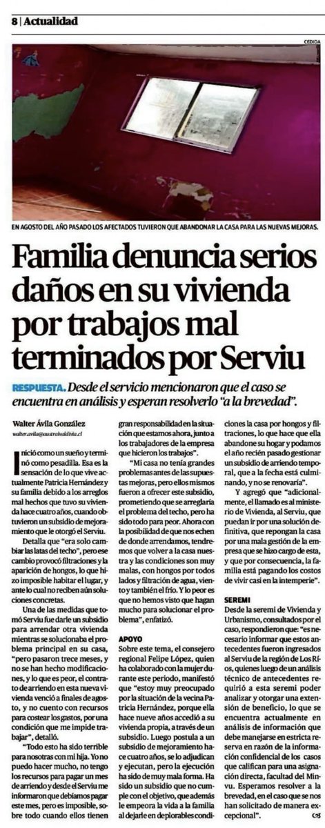 flopezpalma's tweet photo. ꜰᴀʟᴛᴀ ᴅᴇ ʀᴇꜱᴘᴜᴇꜱᴛᴀ  @serviulosrios @Minvulosrios @Minvu 
Exigimos q se haga justicia y s reponga íntegramente su vivienda, porq no s posible q 1 familia siga esperando indefinidamente mientras v vulnerada su dignidad y calidad d vida. #valdivia https://t.co/Lzq78e8FIt