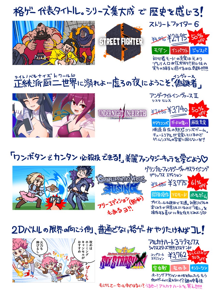 姉ちゃん、格ゲー黄金期って今さ！
やったぜオータムセールでより入門しやすくなっているぞ！
悩める子羊のためにお勧めタイトルを並べておきました。
実際にプレイした感想も聞かせてね！
#Steamセール #Steamオータムセール