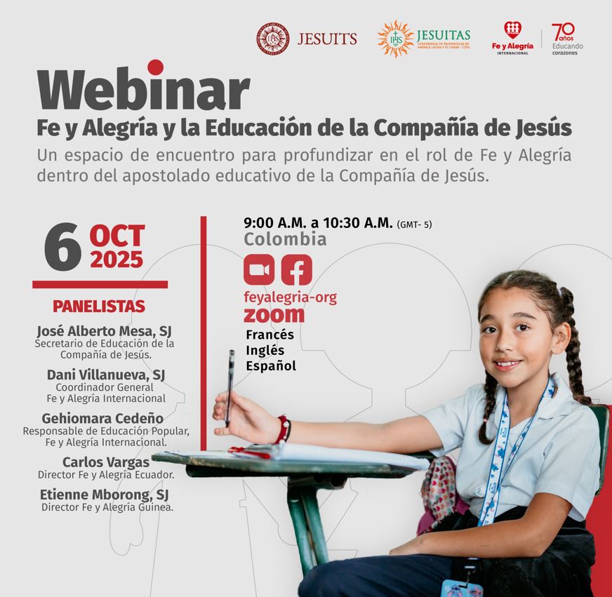 ¡Faltan solo 3 días!
Únete al webinar #FeyAlegría y la Educación de la Compañía de Jesús 📷📷
Lunes 6 de octubre de 2025
8:00 a.m. – 9:30 a.m. (hora El Salvador)
Conéctate aquí: bit.ly/Feyalegria
 Con interpretación en español, inglés y francés
