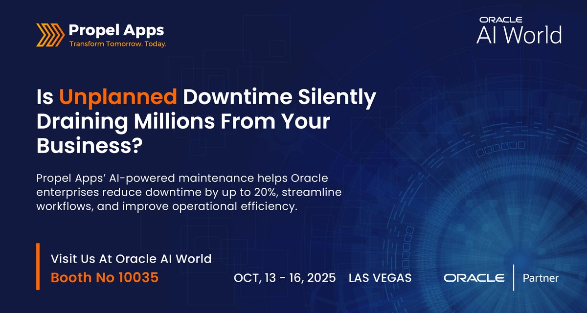 PropelApps's tweet photo. Propel Apps is exhibiting at #OracleAIWorld 2025!

Discover how our AI-powered Oracle ERP &amp; supply chain solutions drive agility, efficiency, and smarter decisions.

Visit us at Booth #10035 | Oct 13–16 | Las Vegas
https://t.co/zD4lW3Bh6z

#PropelApps #AI #OracleERP #OracleAI https://t.co/gwh6l71naA