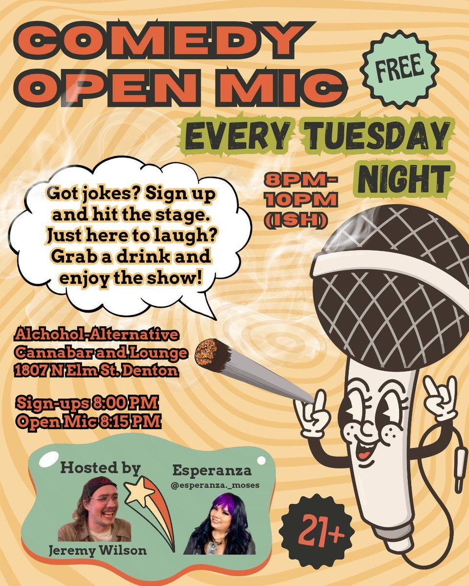ggrcannabis's tweet photo. We have a comedy open mic every Tuesday! Come make us laugh from 8-10PM on Tuesday evenings 🎭🎙 #denton #openmic #openmiccomedy 
21+ Only https://t.co/Cpp71Fn4NX
