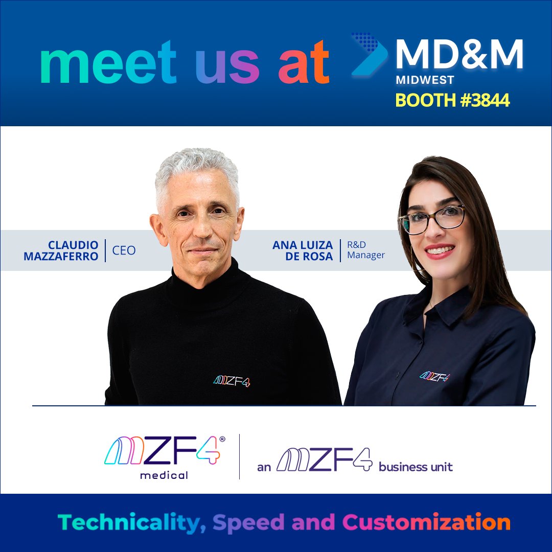 mzf4_group's tweet image. We are proud to announce our presence at MD&amp;amp;M Midwest, taking place in Minneapolis in October 21-22. Represented by CEO Claudio Mazzaferro and R&amp;amp;D Manager Ana Luiza De Rosa, #MZF4 Medical will join one of the most relevant gatherings in the healthcare and manufacturing ecosystem.