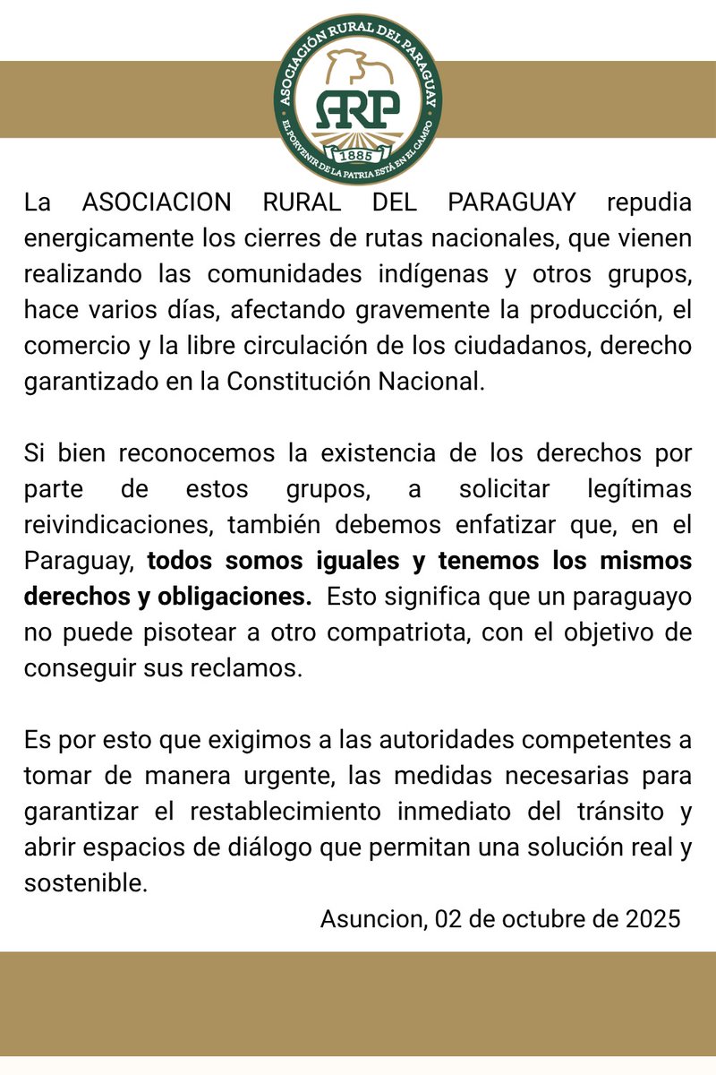 arp_py's tweet image. COMUNICADO DE LA ASOCIACIÓN RURAL DEL PARAGUAY