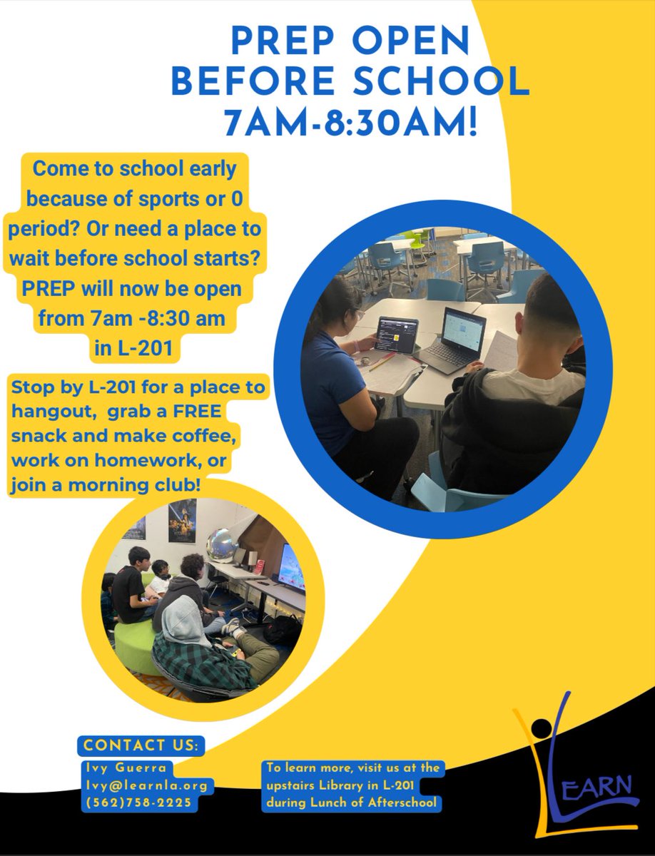 Start your mornings right! 🌞 PREP is open 7–8:30AM in L-201. Grab a snack, do homework, or hang out before class! #MorningPrep #SchoolVibes Start your mornings right! 🌞 PREP is open
 7 – 8:30AM in L-201. Grab a snack, do homework, or hang out before class!