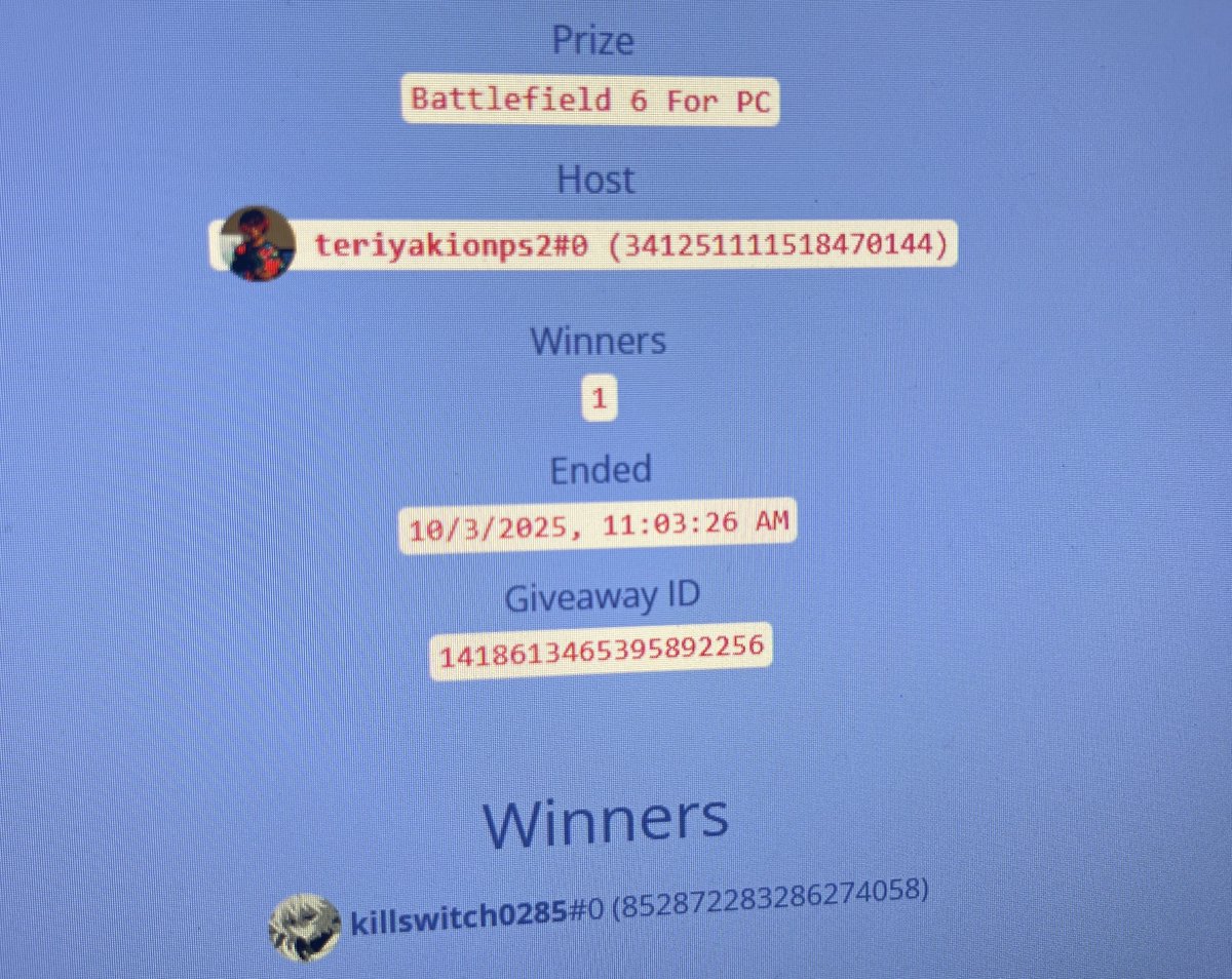 We had a total of 67 entries and only one discord user by the name of killswitch0285 has been chosen. huge congrats to them as they have successfully won a free code for Battlefield 6!