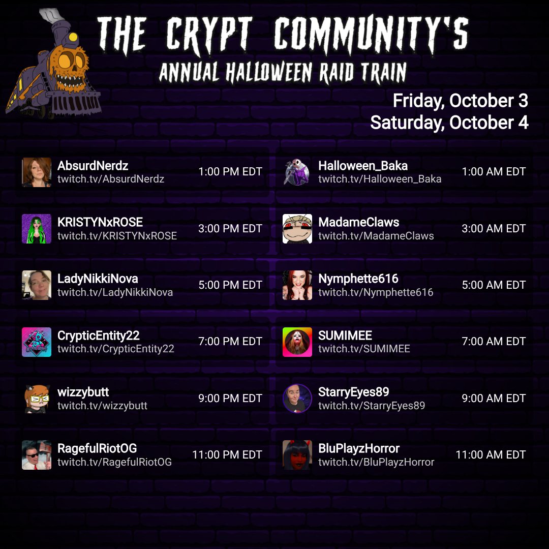 Today's raid train events started off amazing, let's keep that hype going through the rest of the day and into tomorrow! 

Links for creators will be in the replies! Check them out, and show them some love 🚂🎃🎃🎃