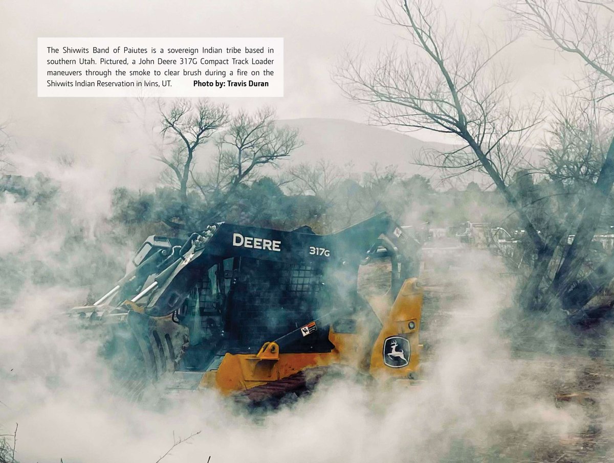 October | 2025 Calendar Photo 🔥
The Shivwits Band of Paiutes is a sovereign Indian tribe based in southern Utah. Pictured, a John Deere 317G Compact Track Loader maneuvers through the smoke to clear brush during a fire on the Shivwits Indian Reservation in Ivins, Utah. 

Stotz